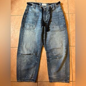 We The Free Relaxed Blue Jeans with Paint Splatter